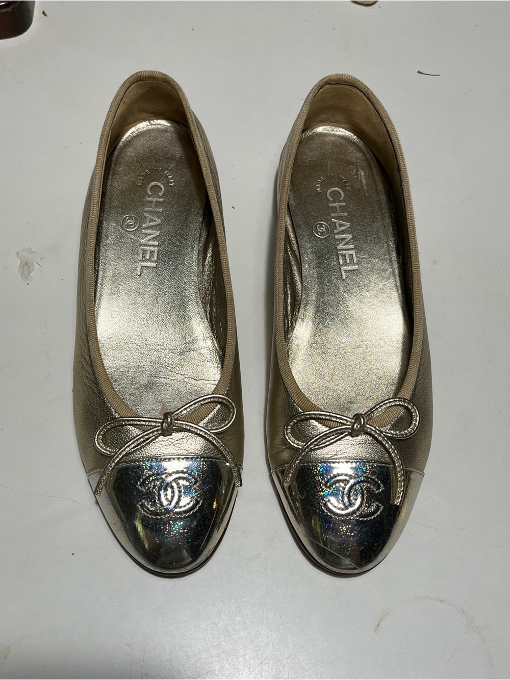 CHANEL Metallic Champagne gold Ballet Flats with Silver Cap Toe
